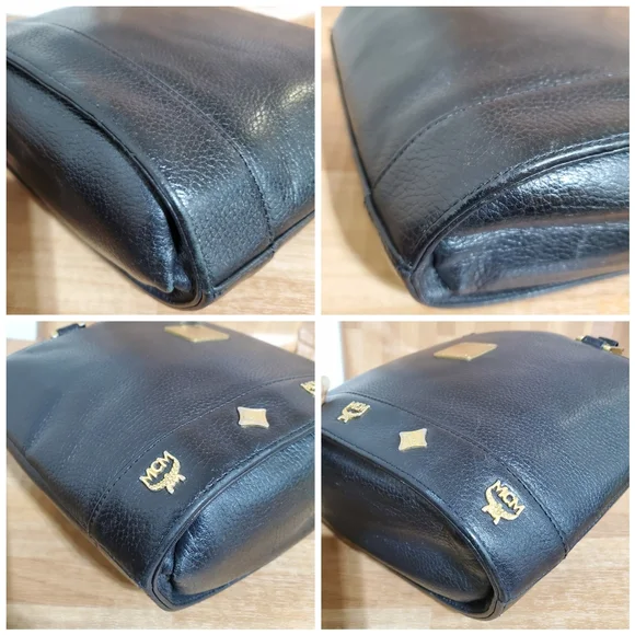 MCM Black Leather Vintage Logo Embellished Small Tote